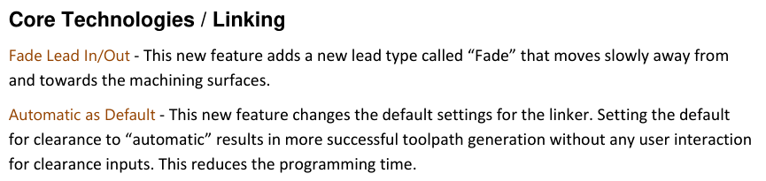 GibbsCAM 2025 release-note excerpt describing the Fade lead type and Automatic as the default linker clearance setting.