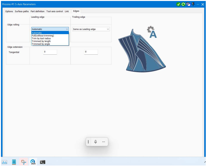 GibbsCAM 2025 multiblade Edges tab showing separate leading-edge and trailing-edge rolling settings.