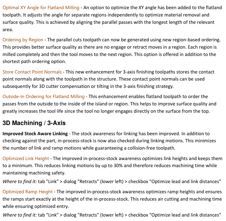 GibbsCAM 2025 release-note excerpt describing flatland ordering, contact-point normals, stock-aware linking, and optimized link and ramp heights.