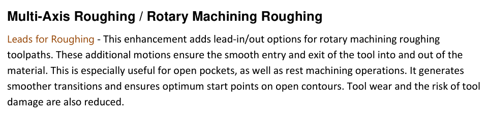 Rotary machining roughing leads GibbsCAM 2025 release-note excerpt describing lead-in and lead-out options for rotary machining roughing toolpaths.