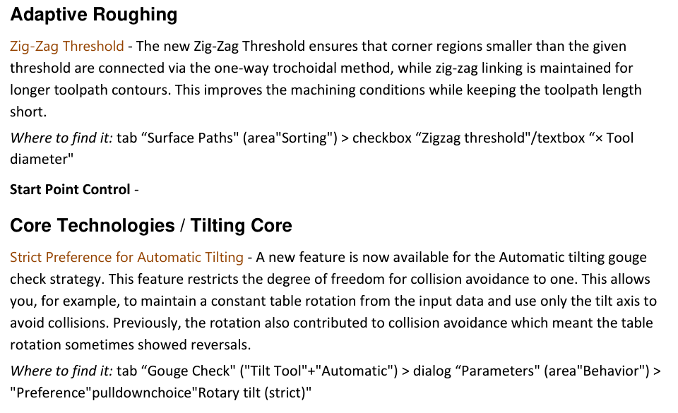 Adaptive Zig-Zag Threshold and strict automatic tilting GibbsCAM 2025 release-note excerpt describing the adaptive Zig-Zag Threshold and Rotary tilt strict preference for automatic tilting.