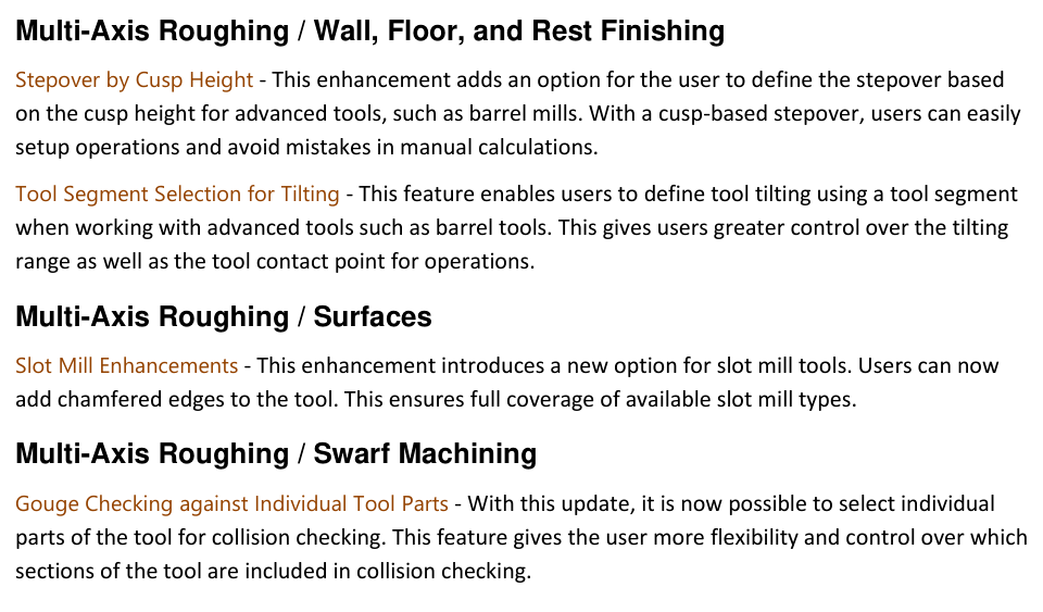 Advanced-tool and swarf roughing controls GibbsCAM 2025 release-note excerpt describing cusp-height stepover, tool-segment tilting, chamfered slot-mill edges, and individual tool-part gouge checking.