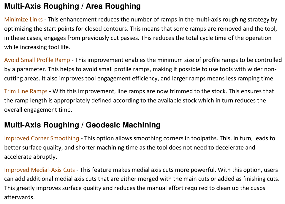 Area and geodesic roughing improvements GibbsCAM 2025 release-note excerpt describing minimized links, profile and line ramp controls, corner smoothing, and medial-axis cuts.