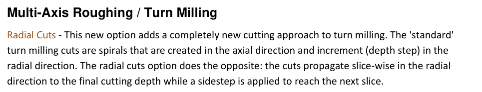 Radial turn-milling cuts GibbsCAM 2025 release-note excerpt explaining how Radial Cuts differs from standard turn-milling spirals.