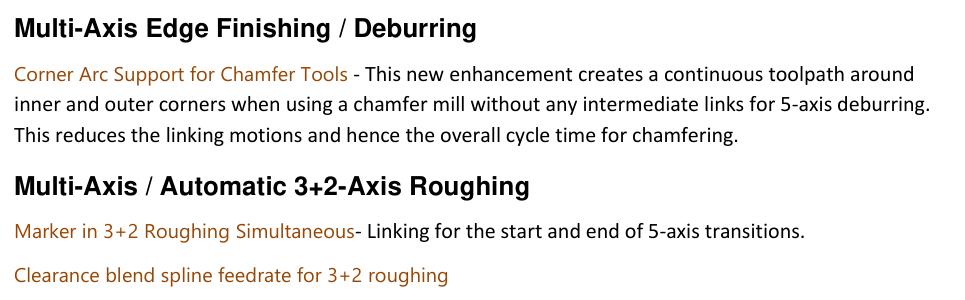 Deburring corner arcs and 3+2 transition entries GibbsCAM 2025 release-note excerpt describing chamfer-tool Corner Arc Support and listing 3+2 transition-link and feedrate improvements.