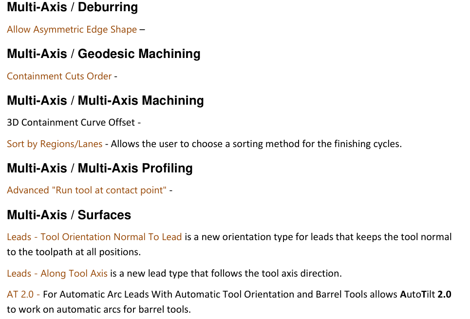 Multi-axis finishing, profiling, and lead improvements GibbsCAM 2025 release-note excerpt listing finishing sorting and profiling items and describing lead orientations and AutoTilt 2.0 support.