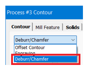 Deburr and Chamfer selection in Mill Contour Mill Contour dialog showing Deburr/Chamfer selected from the Contour tab pulldown menu.