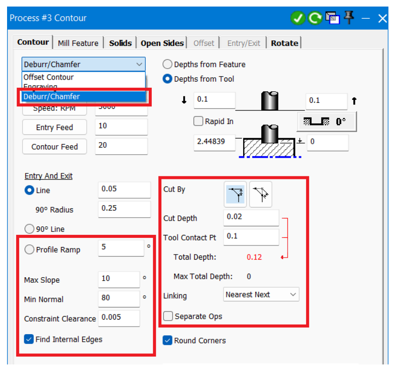 Deburr and Chamfer controls Mill Contour Deburr/Chamfer dialog with Find Internal Edges, cut, tool contact, linking, and related path controls highlighted.