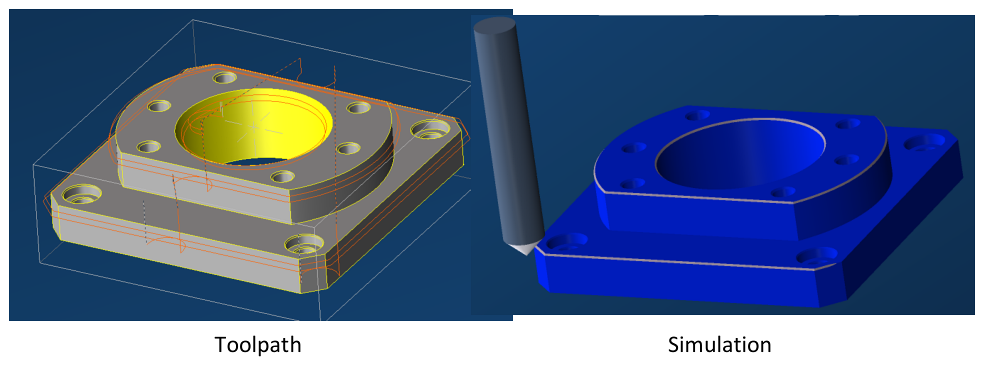 Automated edge finishing toolpath and simulation Side-by-side GibbsCAM views showing the calculated toolpath on a solid part and the simulated deburred or chamfered result.