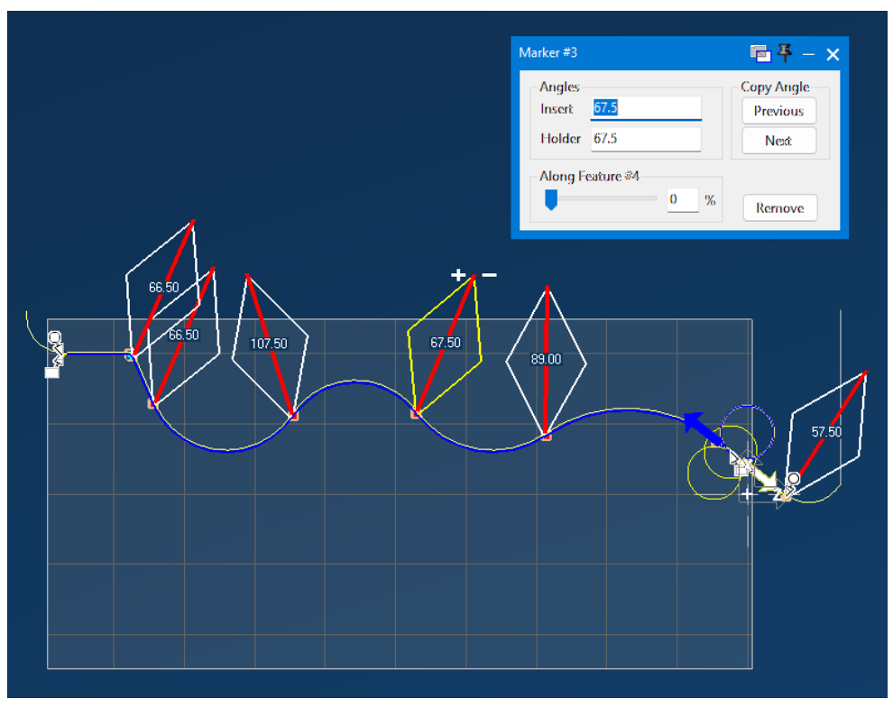 GibbsCAM Turning display showing Variable B control points, red tool-angle indicators along the path, and the marker dialog for insert and holder angles.