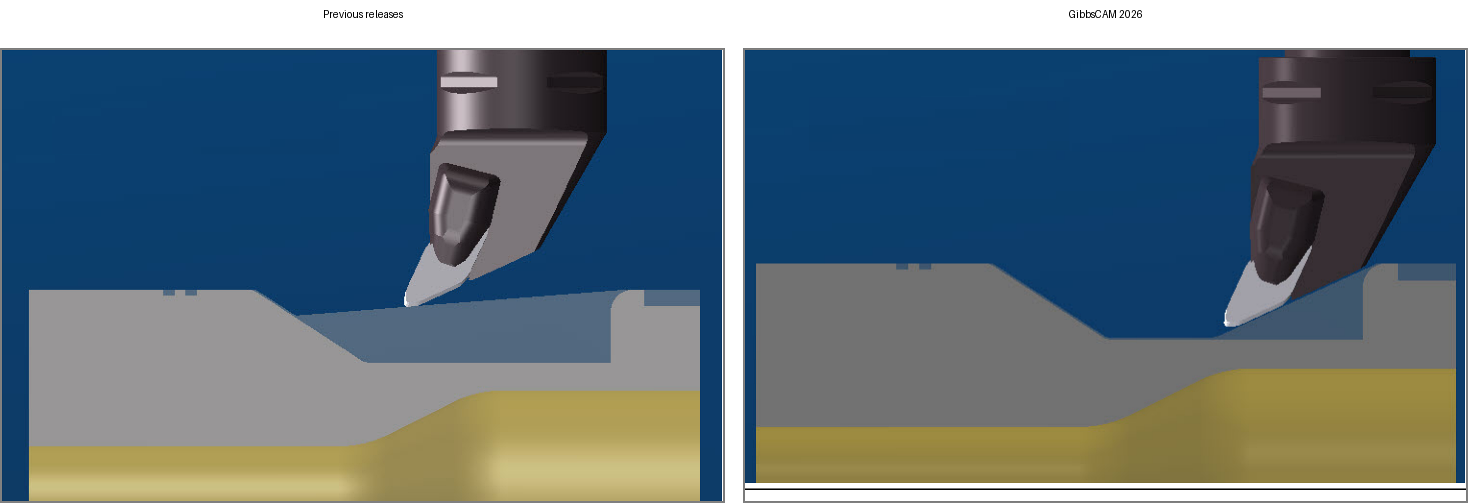 Side-by-side comparison showing a multi-sided turning insert leaving more material in earlier releases and removing more material in GibbsCAM 2026.