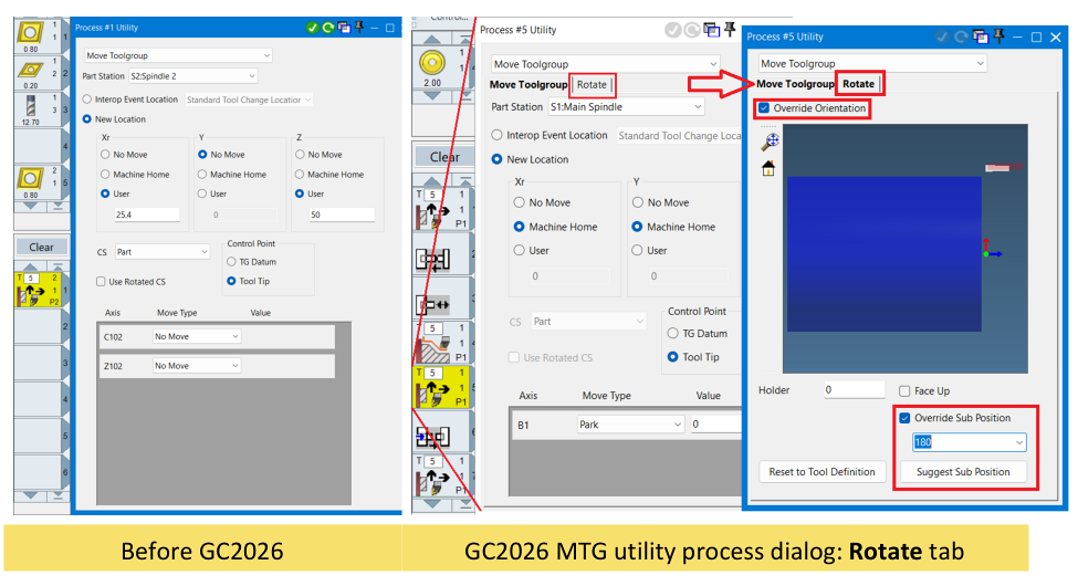 Comparison of the earlier Move Toolgroup dialog and the GibbsCAM 2026 Rotate tab with Override Orientation and Override Subposition controls.