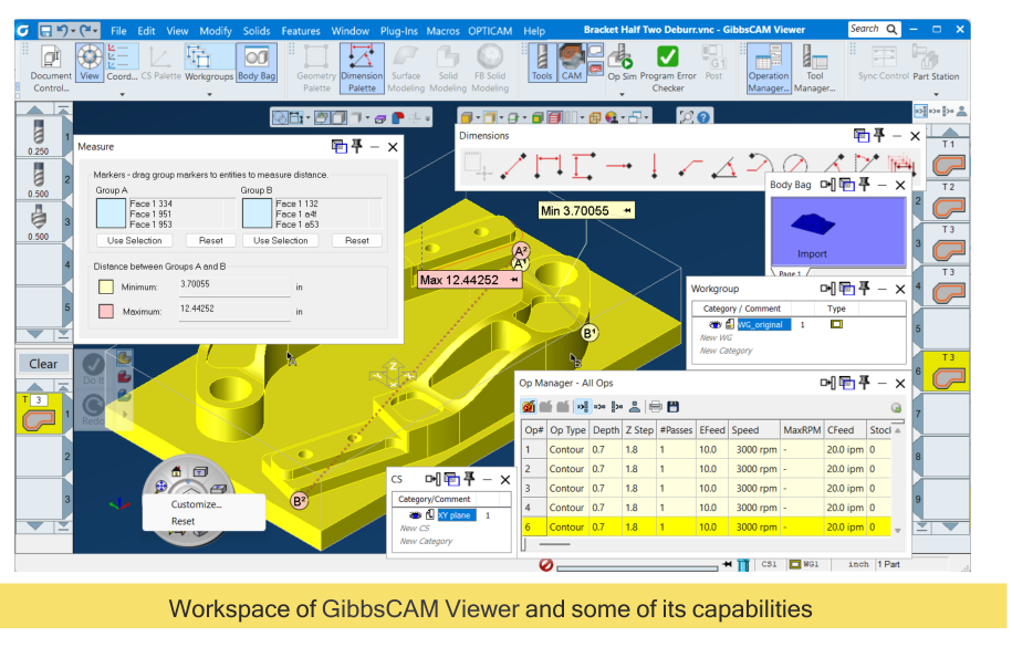 GibbsCAM Viewer supported review tools Excerpt listing supported files, rendering, simulation, measurement, reporting, manager, query, printing, and help capabilities in GibbsCAM Viewer.