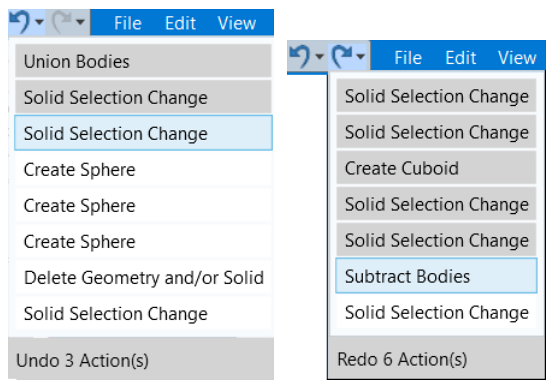 Undo and Redo history menus GibbsCAM Undo and Redo pulldown menus listing previous actions and showing the number of actions selected.