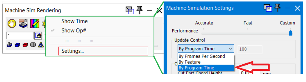 Simulation replay by program time Sim Rendering context menu and Machine Simulation Settings dialog showing Update Control set to By Program Time.
