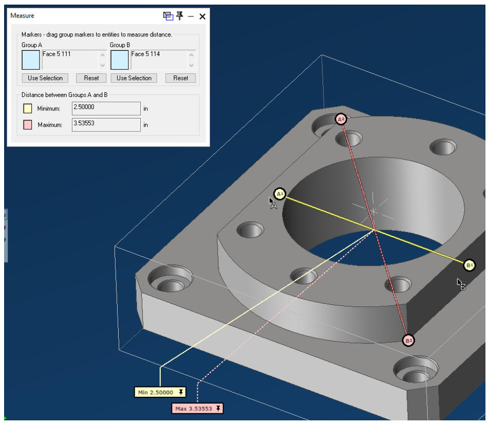 Minimum and maximum distance measurement GibbsCAM Measure dialog and workspace showing Group A and Group B markers, yellow minimum distance, and pink maximum distance on a solid part.