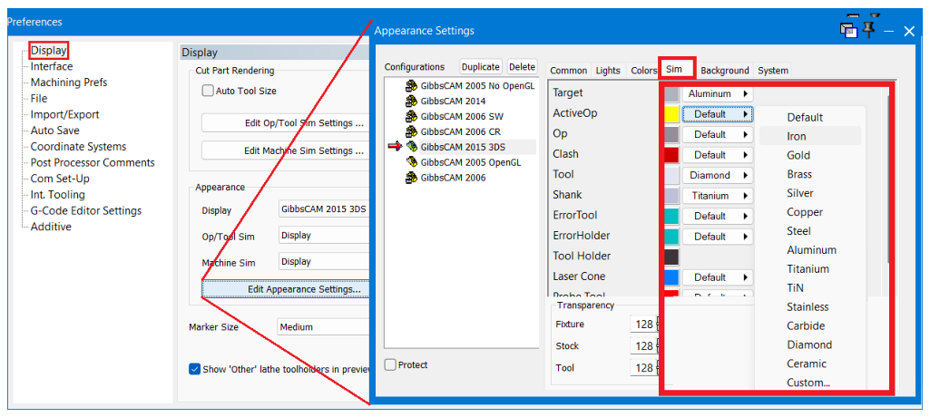 Metallic rendering appearance settings Preferences and Appearance Settings dialogs showing the Sim tab and available metallic appearance choices for Simulation items.