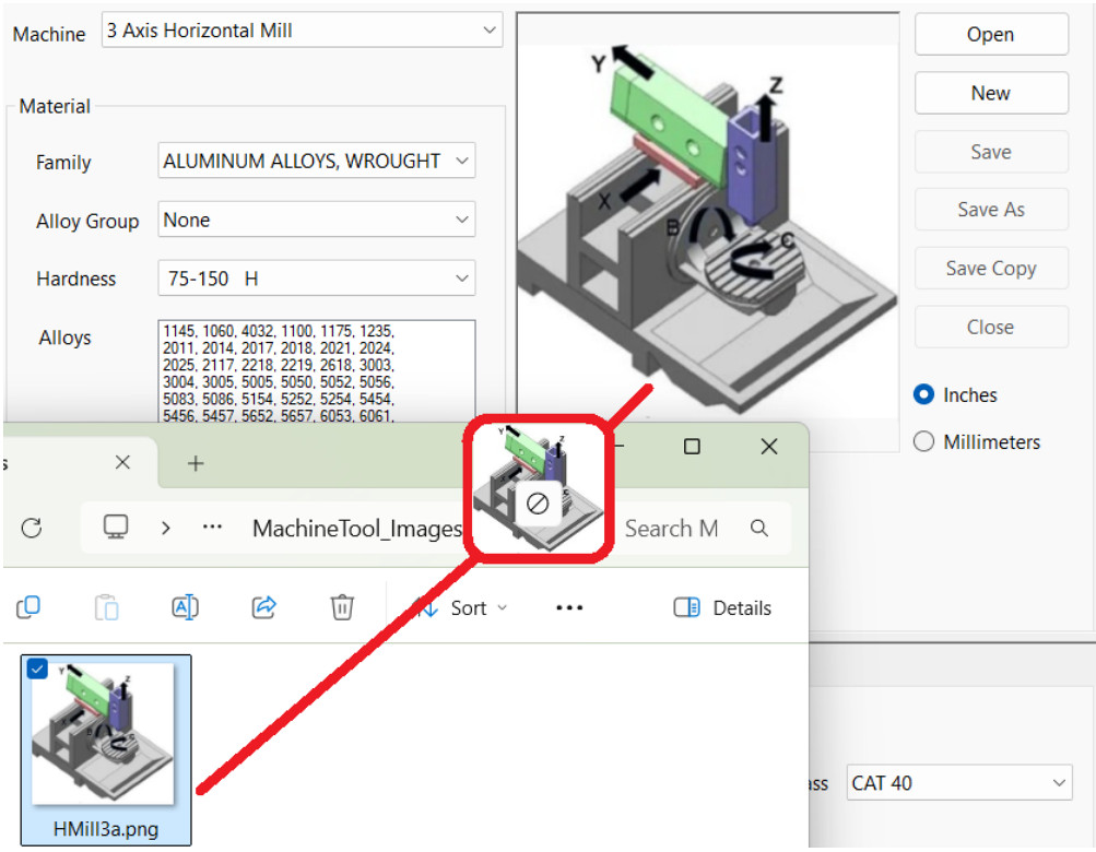 GibbsCAM DCD showing a machine image area while a PNG file is dragged from File Explorer into the image area.