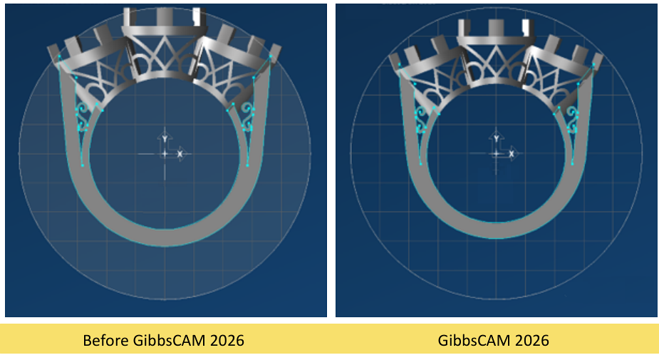 Before-and-after GibbsCAM comparison showing a large cylinder around the part bounding box and a smaller cylinder fitted tightly around the part in GibbsCAM 2026.