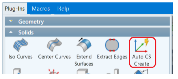 Auto CS Create menu location GibbsCAM Plug-Ins palette with the Auto CS Create command outlined in red under Solids.