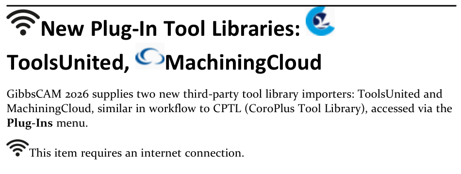 GibbsCAM 2026 What's New page announcing the ToolsUnited and MachiningCloud third-party tool-library importers and internet requirement.