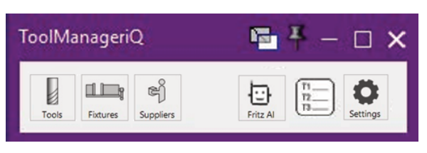 ToolManageriQ window showing tools, fixtures, suppliers, Fritz AI, tool lists, and settings controls.
