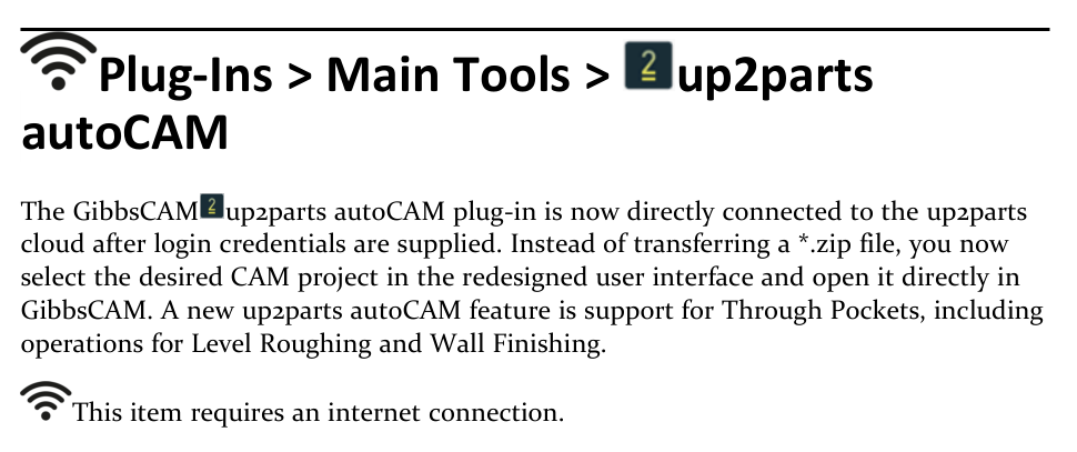 GibbsCAM 2026 release-note excerpt describing the direct up2parts cloud connection, redesigned project selection, Through Pocket support, and internet requirement.