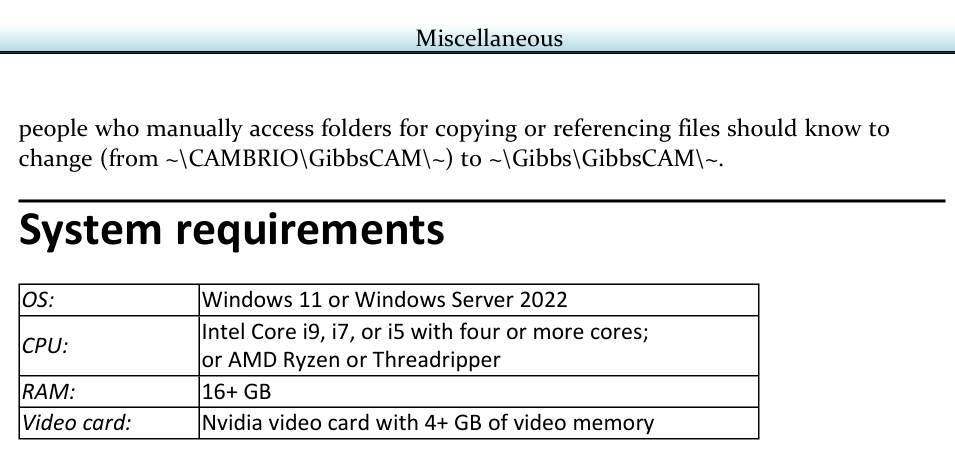 GibbsCAM 2026 release-note excerpt listing Windows 11 or Windows Server 2022, supported processor families, 16 or more GB of RAM, and an Nvidia card with 4 or more GB of video memory.