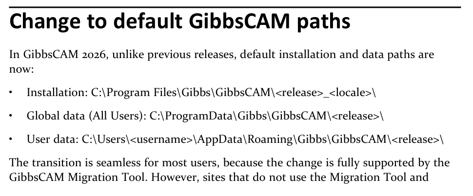 GibbsCAM 2026 release-note excerpt showing the new installation, global data, and user data paths under the Gibbs folder tree and the Migration Tool guidance.