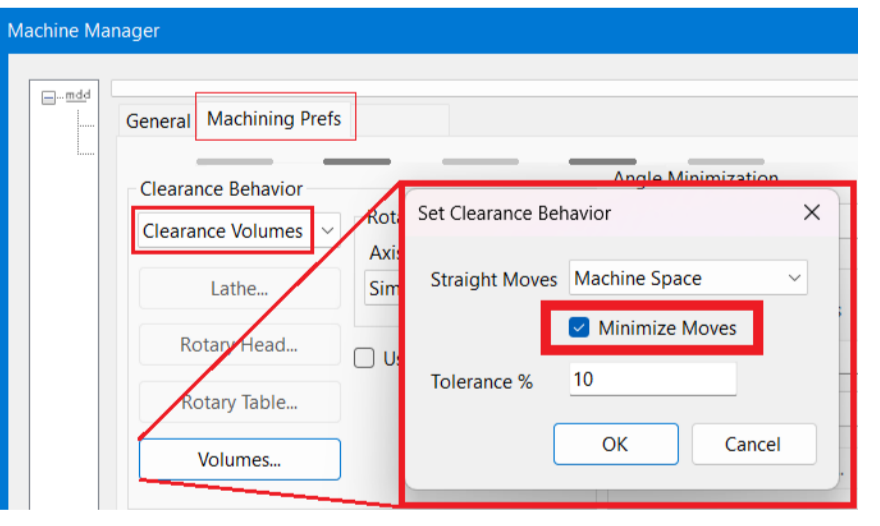 Enable Minimize Moves for Clearance Volumes Machine Manager Machining Prefs showing Clearance Volumes selected and the Minimize Moves checkbox in the Set Clearance Behavior dialog.