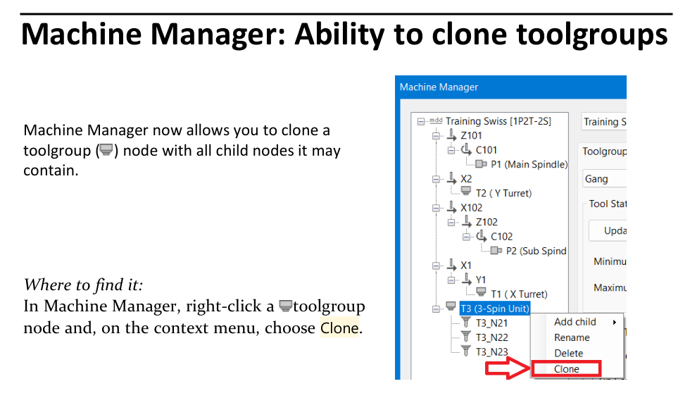 Clone a tool group in Machine Manager GibbsCAM 2026 release-note excerpt showing a Machine Manager tool-group node with child nodes and the Clone command on its context menu.