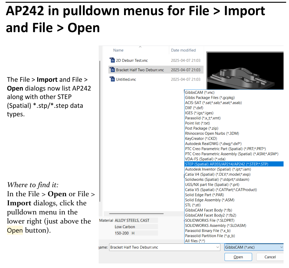 AP242 STEP file type in File Open and File Import GibbsCAM 2026 release-note excerpt showing the File Open or Import file-type menu with STEP Spatial AP203 AP214 AP242 selected for STEP and STP files.