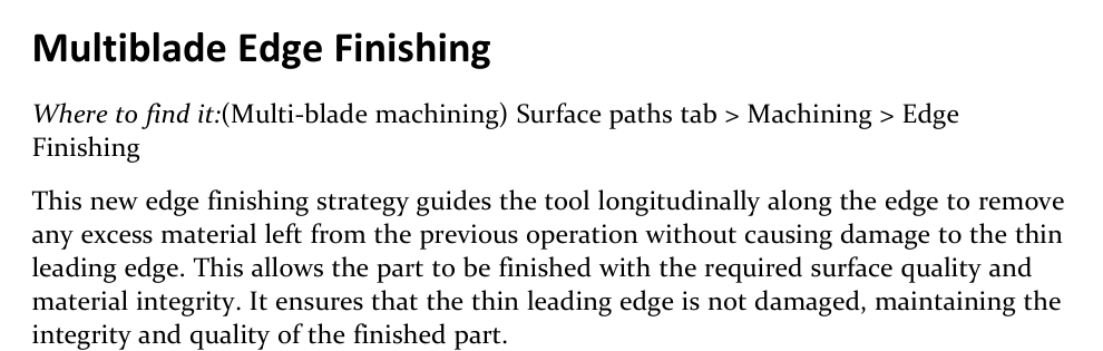 Multiblade Edge Finishing in GibbsCAM 2026 GibbsCAM 2026 release-note excerpt describing Multiblade Edge Finishing, its Surface paths and Machining location, and protection of a thin leading edge.