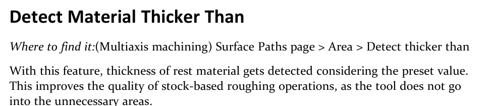 Detect Material Thicker Than in GibbsCAM 2026 GibbsCAM 2026 release-note excerpt showing the Detect Material Thicker Than control on the Surface Paths Area page and its stock-based roughing purpose.