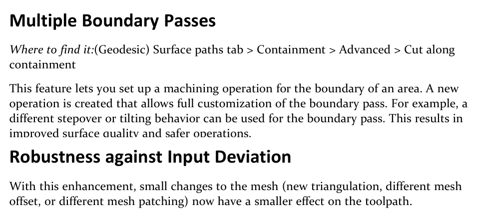 Geodesic boundary passes and input robustness in GibbsCAM 2026 GibbsCAM 2026 release-note excerpt describing customizable Geodesic boundary-pass operations and reduced sensitivity to small mesh deviations.