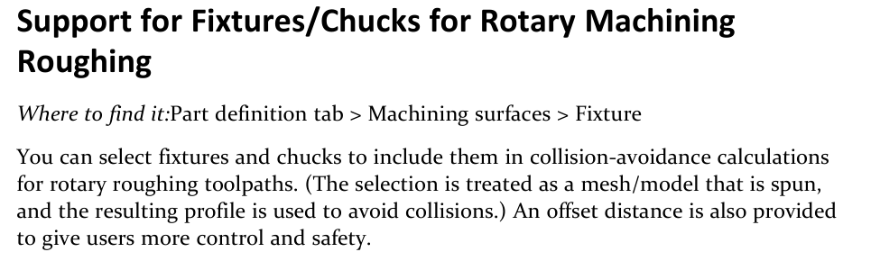 Rotary fixture and chuck collision avoidance in GibbsCAM 2026 GibbsCAM 2026 release-note excerpt describing fixture and chuck selection, spun collision-avoidance profiles, and offset distance for rotary roughing.