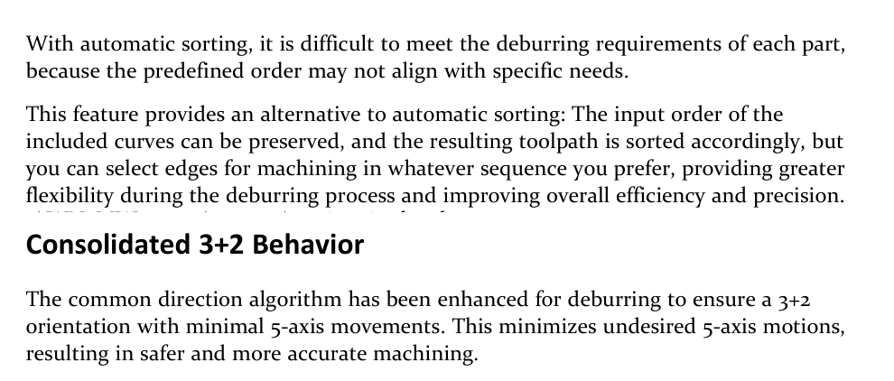 User-defined edge sequence and consolidated 3+2 behavior GibbsCAM 2026 release-note excerpt describing preserved curve input order and reduced undesired 5-axis motion for deburring.