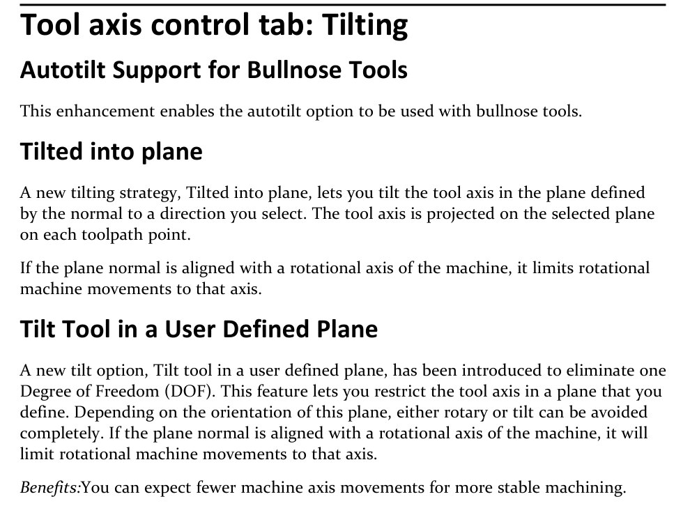 Plane-constrained tilting in GibbsCAM 2026 GibbsCAM 2026 release-note excerpt describing bullnose AutoTilt, Tilted into plane, and Tilt tool in a user defined plane.