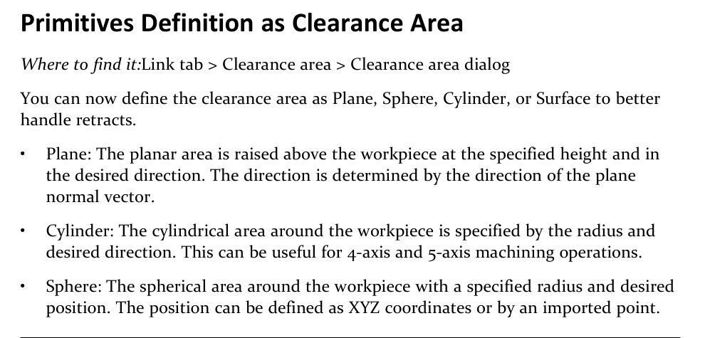 Primitive clearance areas in GibbsCAM 2026 GibbsCAM 2026 release-note excerpt describing Plane, Cylinder, Sphere, and Surface clearance-area definitions.