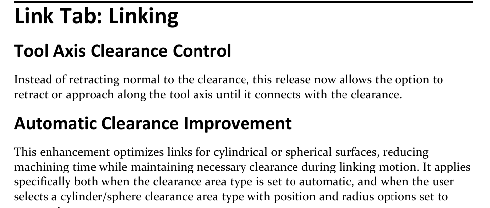 Tool-axis and automatic clearance improvements GibbsCAM 2026 release-note excerpt describing tool-axis retract and approach motion and optimized automatic clearance for cylinders and spheres.