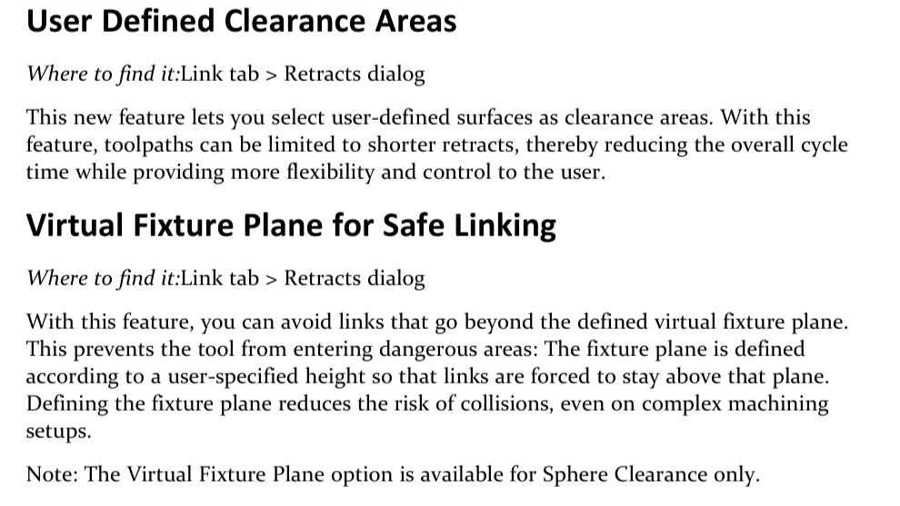 User-defined clearance and Virtual Fixture Plane GibbsCAM 2026 release-note excerpt describing selected clearance surfaces and a Virtual Fixture Plane that keeps Sphere Clearance links above a specified height.