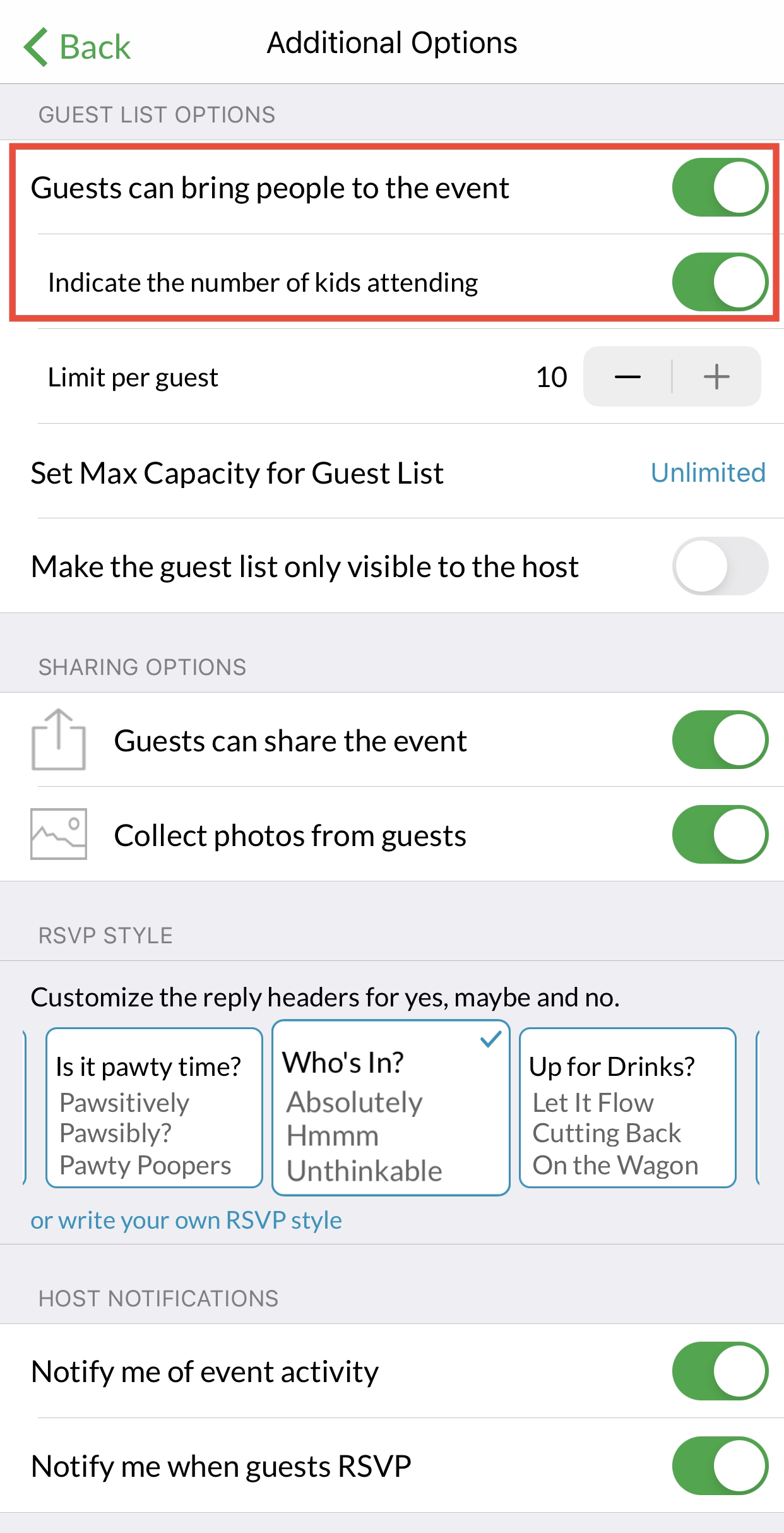 RSVP for Adults and Children on iOS App Evite