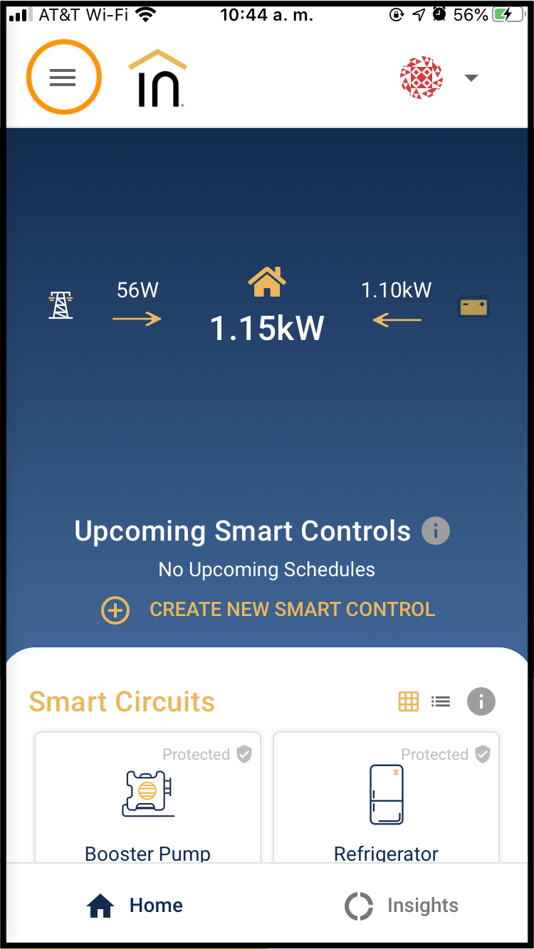 The Home screen of the Lumin Smart app. The Menu icon is circled.