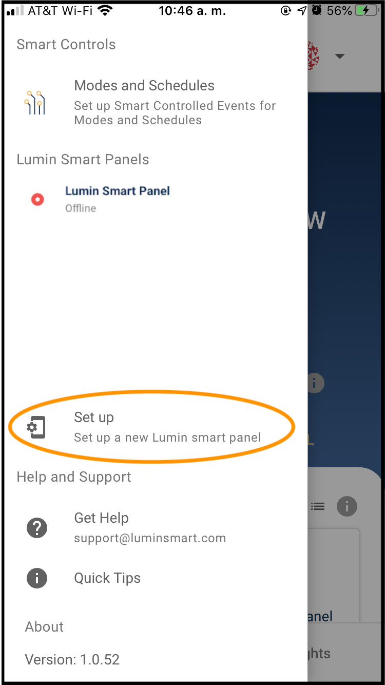 The Menu of the Lumin Smart app. The Set Up option is circled.