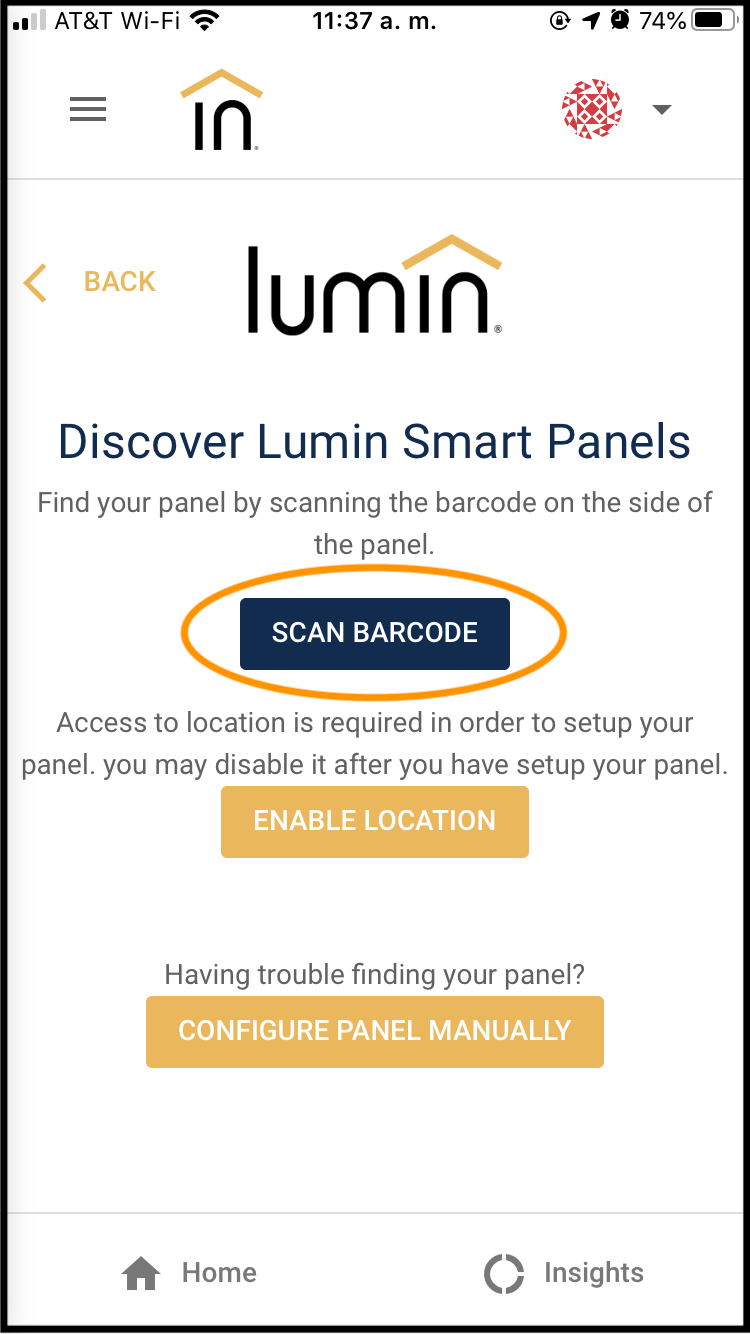 The Discover Lumin Smart Panels screen of the Lumin Smart app. It lists the following options: Scan Barcode, Enable Location, and Configure Panel Manually. The Scan Barcode button is circled.