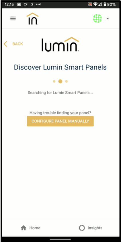 The Discover Lumin Smart Panels screen of the Lumin Smart app. It has three fluctuating dots as it searches for LSPs.