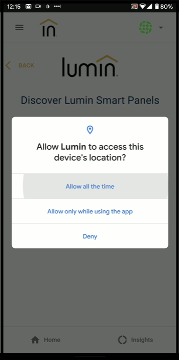 A “Allow Lumin to access this device’s location?” prompt on the Discover Lumin Smart Panels screen of the Lumin Smart app. It asks whether to allow Lumin to access location all the time, allow only when using the app, or to deny access.