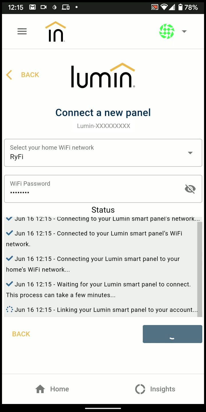 The Connect a New Panel screen on the Lumin Smart app, with the WiFi Network and WiFi Password fields completed. The setup process has begun, and a Status window displays the progress.