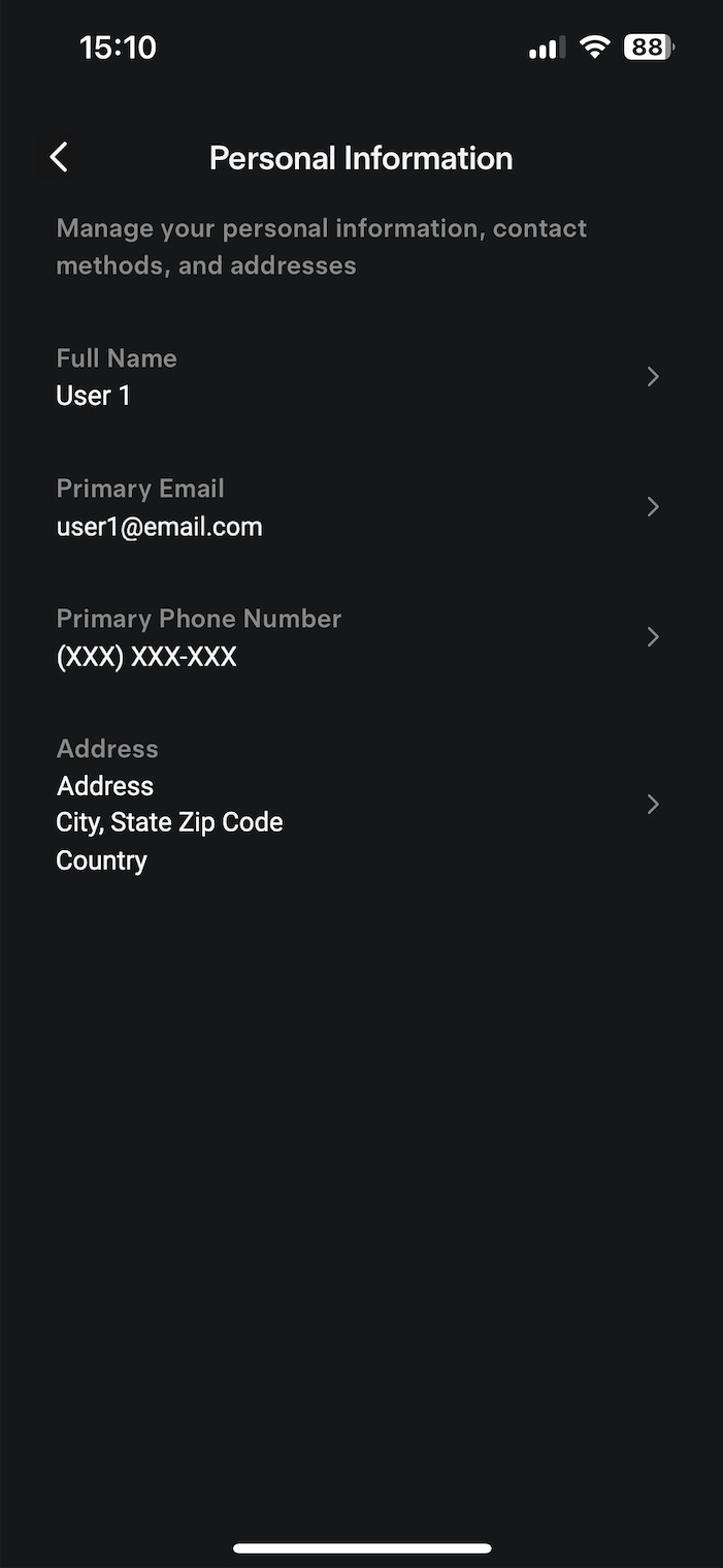The Personal Information screen of the Tesla app. Primary Email is second in the list.