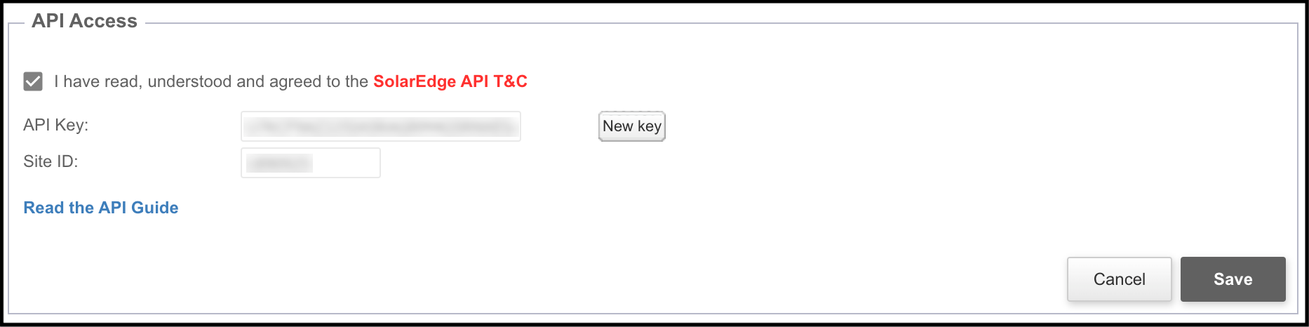 The API Access section of the SolarEdge platform.